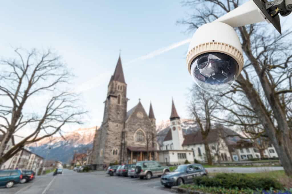 CCTV Camera Operating with church in background