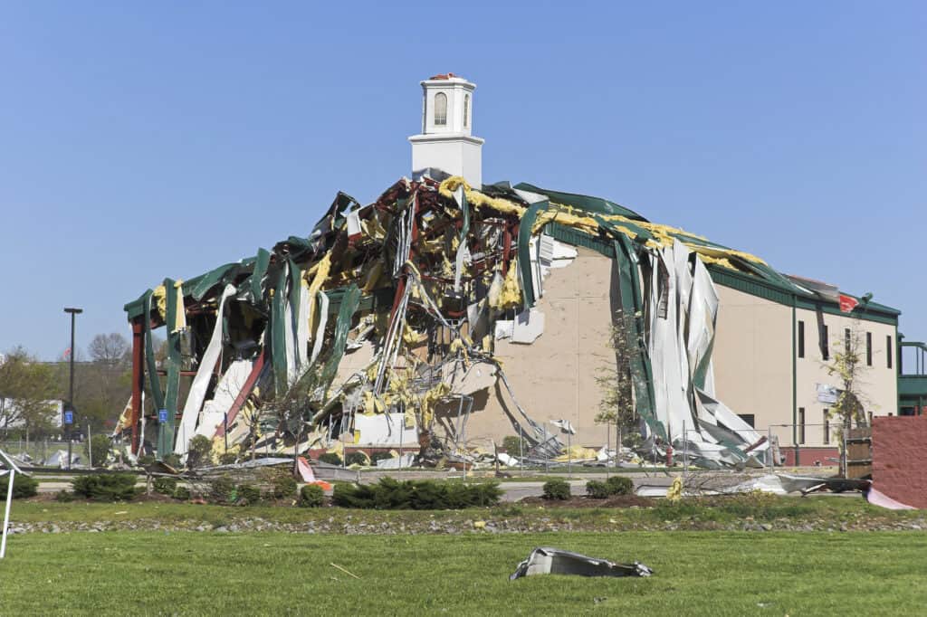 Church in Goodlettsville, TN was destroyed by tornado, area has heavy damage from storms, steel beams bent like rubber.